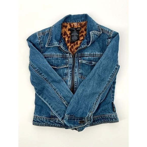 Mary-Kate and Ashley Girl's 7/8 Jean Jacket Animal Print Lining Denim Pockets - Picture 1 of 5